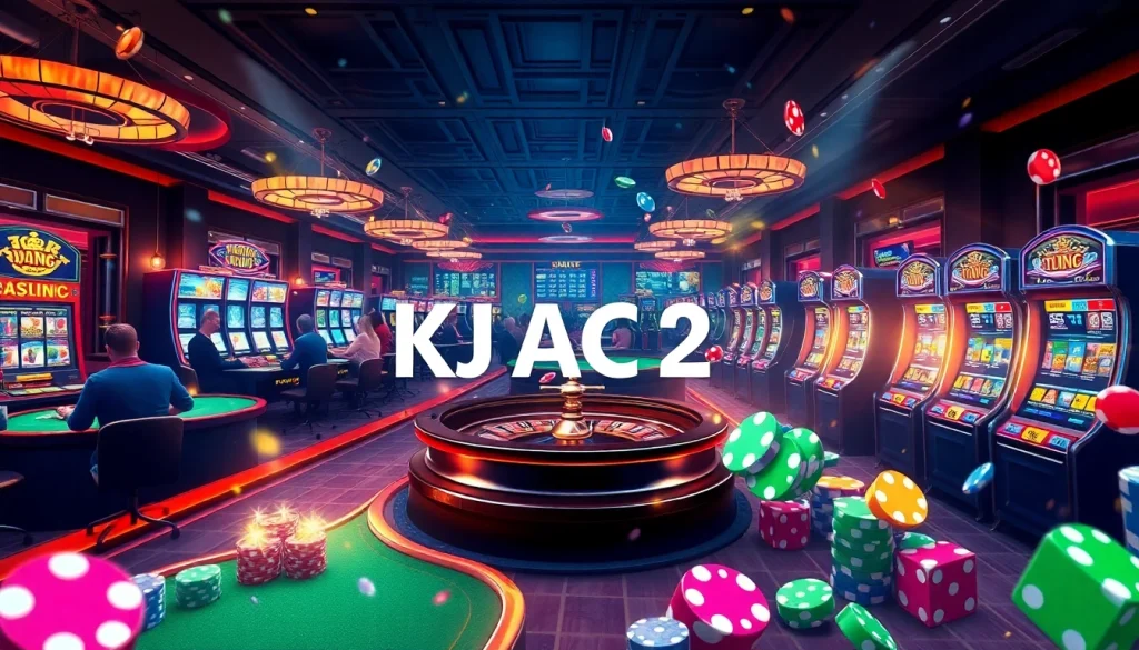 An exciting casino atmosphere with poker tables, roulette wheels, and KJC AC 2 gaming experiences.