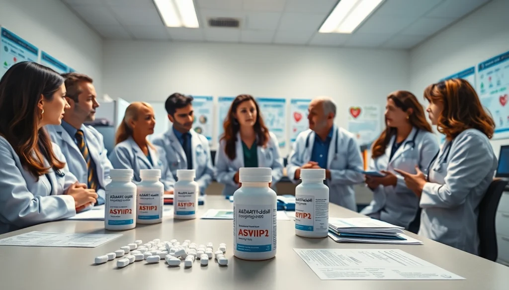 Illustration of researchers discussing the ADAPTABLE Aspirin Study in a clinical trial environment.