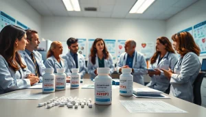 Illustration of researchers discussing the ADAPTABLE Aspirin Study in a clinical trial environment.
