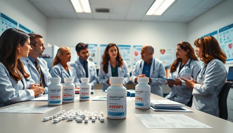 Illustration of researchers discussing the ADAPTABLE Aspirin Study in a clinical trial environment.