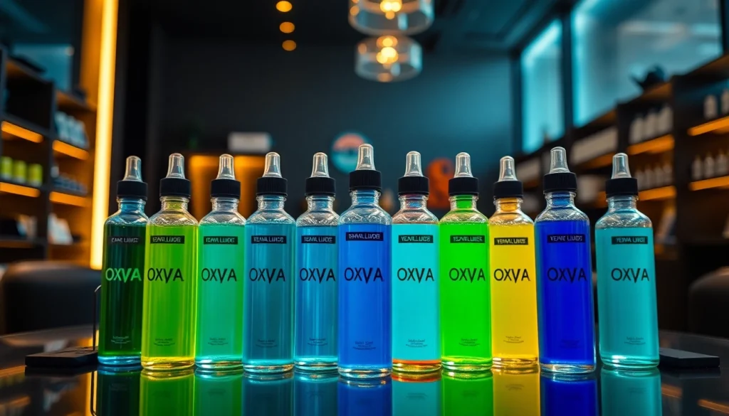 Oxva Liquid Flaschen in einem modernen Vape-Shop, die die Vielfalt und Qualität der Produkte präsentieren.
