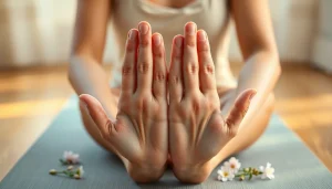 Hands demonstrating various yoga mudras in serene setting promoting relaxation and mindfulness.