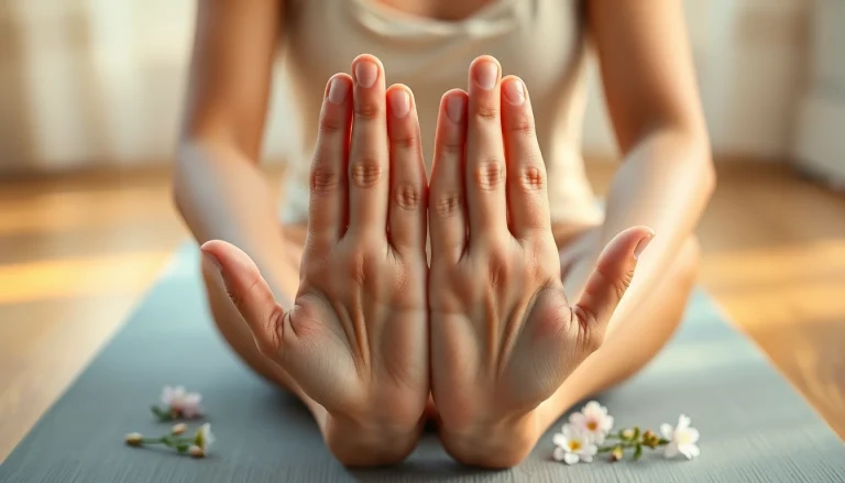 Hands demonstrating various yoga mudras in serene setting promoting relaxation and mindfulness.
