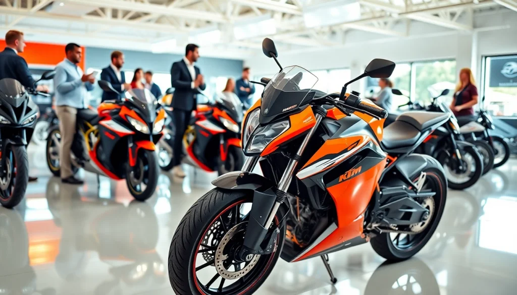 Motorrad Ankauf: Einladende Motorradverkäufe in einem hellen Showroom mit glänzenden KTM-Bikes.