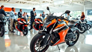 Motorrad Ankauf: Einladende Motorradverkäufe in einem hellen Showroom mit glänzenden KTM-Bikes.
