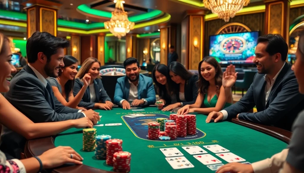 The exciting poker game at https://1mm888.com/ featuring colorful chips, winning cards, and vibrant casino ambiance.
