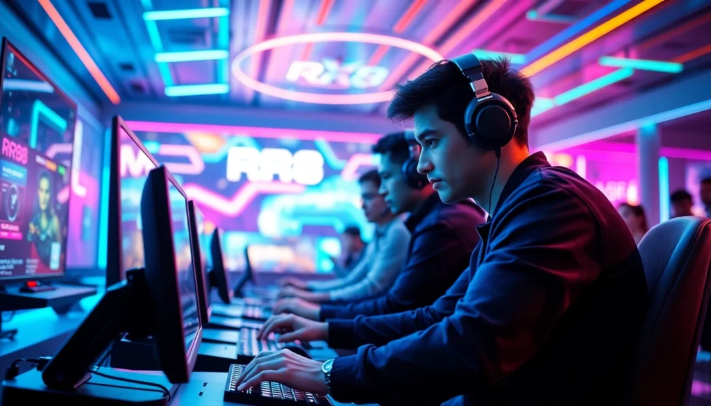 Engaging scene of players on the RR88 gaming platform in a vibrant, futuristic setting.