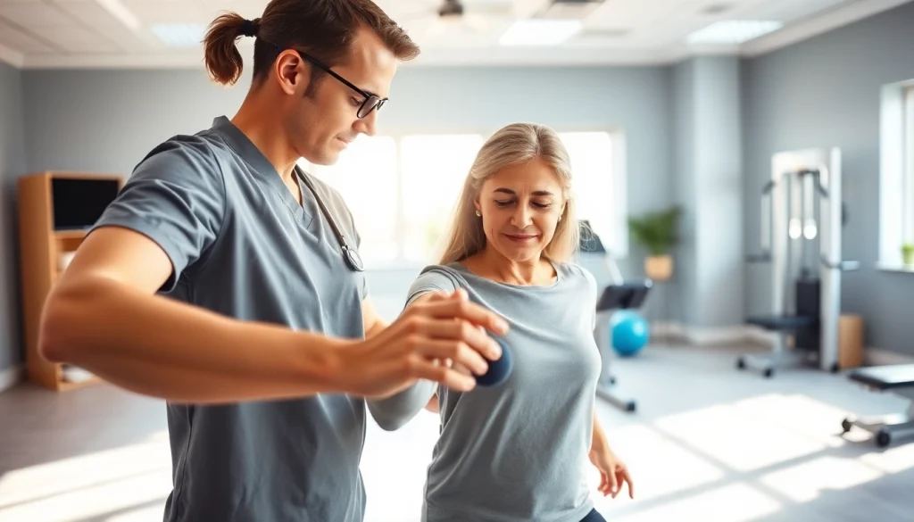 Engaged session featuring Health in Motion Rehabilitation with therapist guiding patient through exercises.