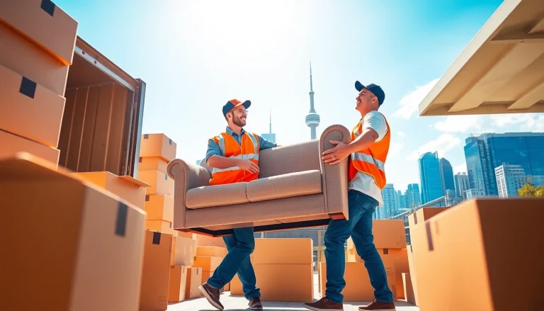Efficient Toronto movers lifting a sofa during a city relocation with skyline background.