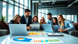 Engaged marketing team strategizing Good Wolf Marketing initiatives in a modern office.