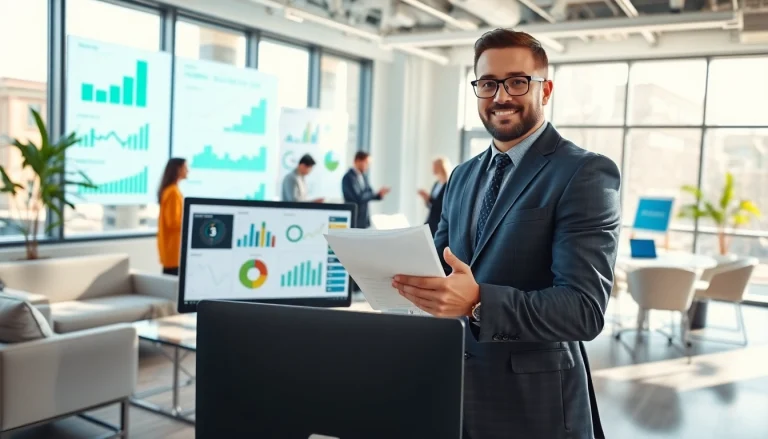 79king marketing consultant presenting digital analytics in a vibrant office.