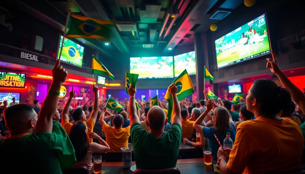 Dynamic scene showcasing sports betting in Brazil with enthusiastic fans and vibrant sports bar atmosphere.
