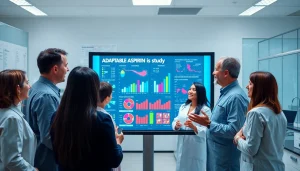 Researchers collaborating on results from the ADAPTABLE Aspirin Study in a modern lab.