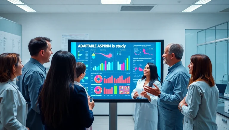 Researchers collaborating on results from the ADAPTABLE Aspirin Study in a modern lab.