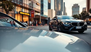 JBO car rental showcasing luxury vehicles in a modern cityscape with vibrant colors.