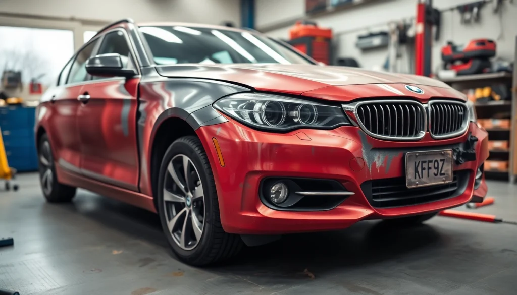 Unfall Auto Gutachter inspiziert sorgfältig ein beschädigtes Fahrzeug in einer Werkstatt.