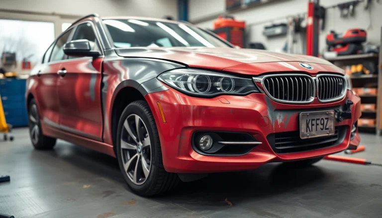 Unfall Auto Gutachter inspiziert sorgfältig ein beschädigtes Fahrzeug in einer Werkstatt.