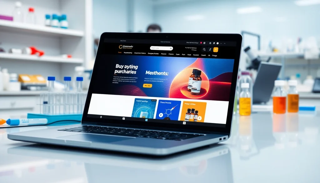 Buy peptides online through a professional lab setup showcasing a digital interface with peptide products.