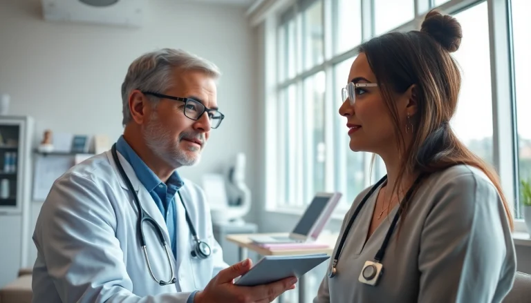 Consultation at https://www.medexdtc.com: Healthcare provider and patient engaged in a discussion in a modern clinic.