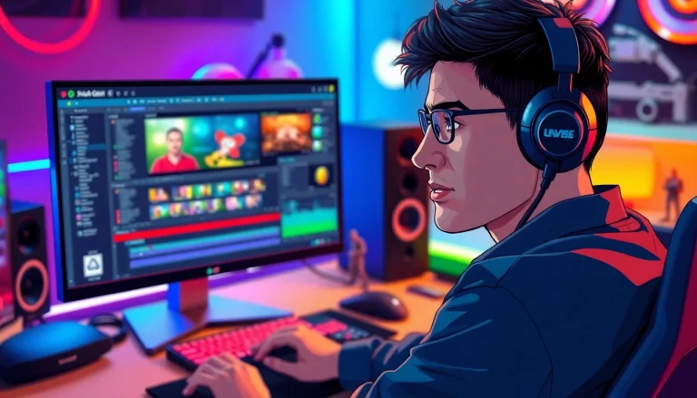 Streamer's professional workspace featuring editing software and tools from https://streamgen.cc for content creation.