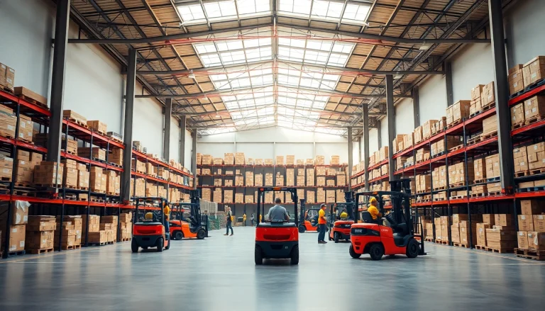 Find ideal warehouse near me highlighting productive loading dock with busy workers.