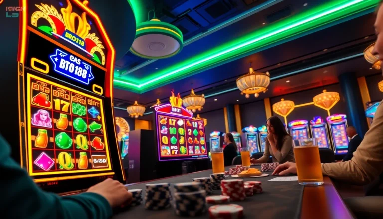 Menggambarkan pengalaman bermain bro138 slot dengan pemain bersemangat di kasino modern.