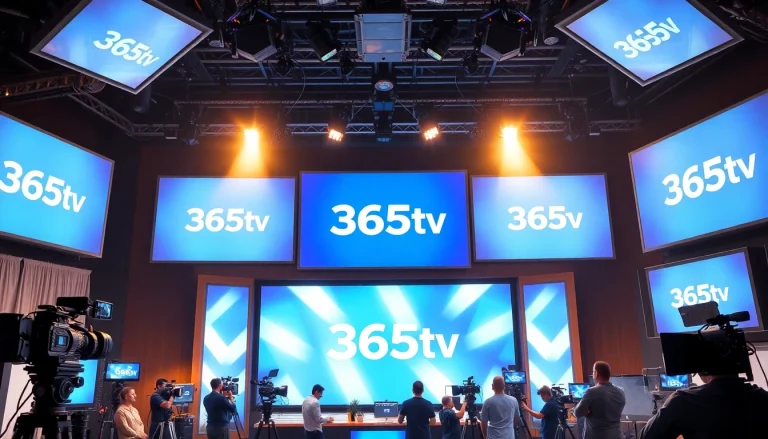 365tv의 로고가 보이는 텔레비전 스튜디오 셋업과 생동감 넘치는 촬영팀