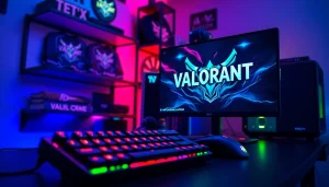 A dynamic gaming setup for valorant download featuring vibrant colors and equipment for immersive gameplay.