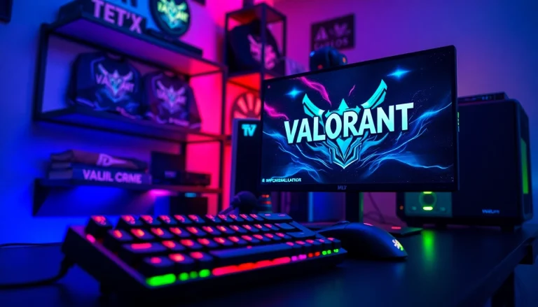 A dynamic gaming setup for valorant download featuring vibrant colors and equipment for immersive gameplay.
