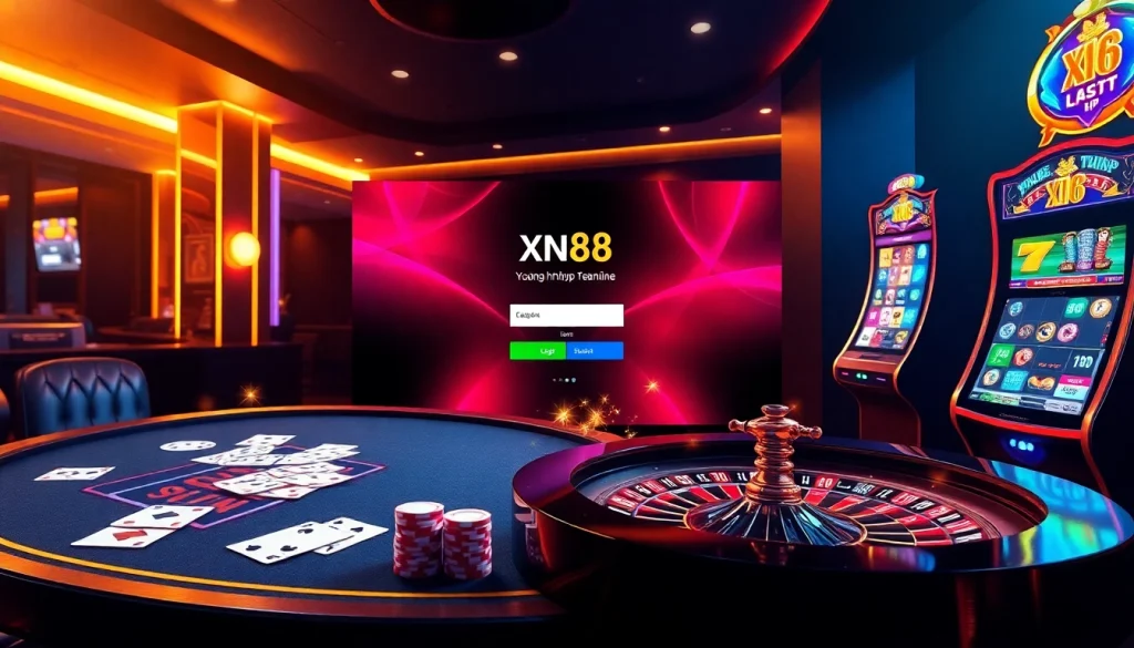 Experience the thrill of online gaming with Đăng Nhập XN88, showcasing a vibrant casino environment filled with excitement and luxury.