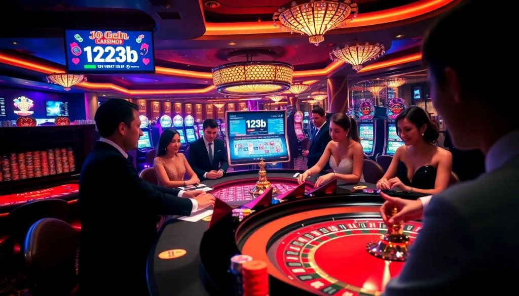 Players enjoying vibrant casino games at 123b with roulette and slots in view.