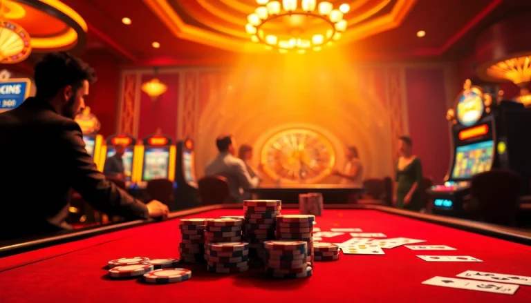 GO8 online casino players engaging with vibrant slot machines and poker chips.