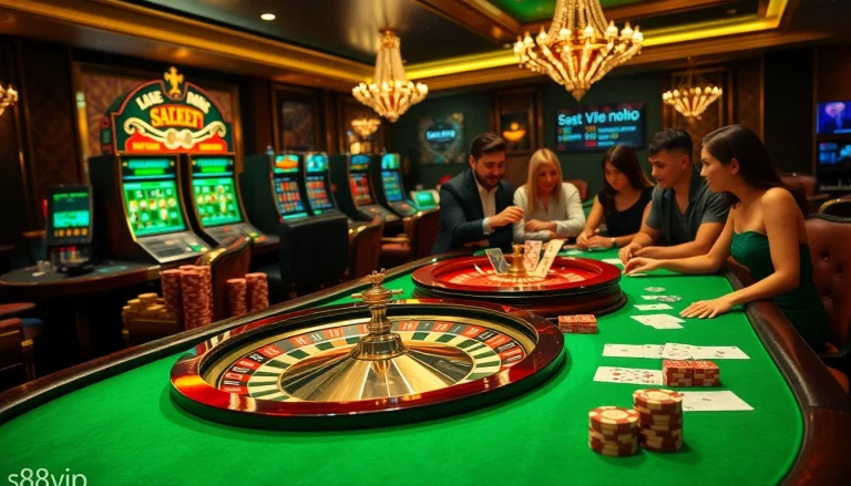 S88vip players engaging at a luxurious blackjack table surrounded by vibrant casino visuals.