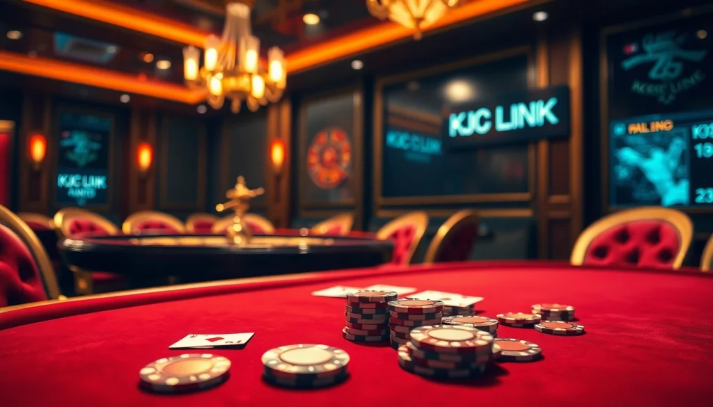 Engaging scene of luxurious gambling elements featuring the KJC LINK at a polished poker table.