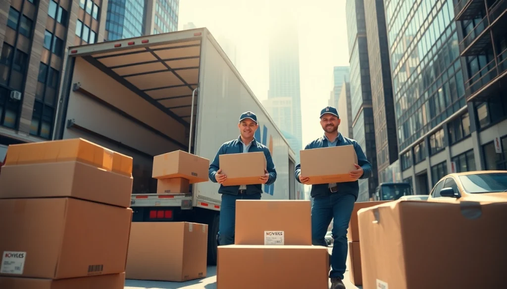 Movers from a professional moving company Vancouver packing items in an urban setting during a bright relocation.