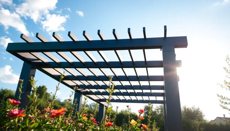 Enhance your garden with a stylish modern steel pergola featuring sleek design and elegance.