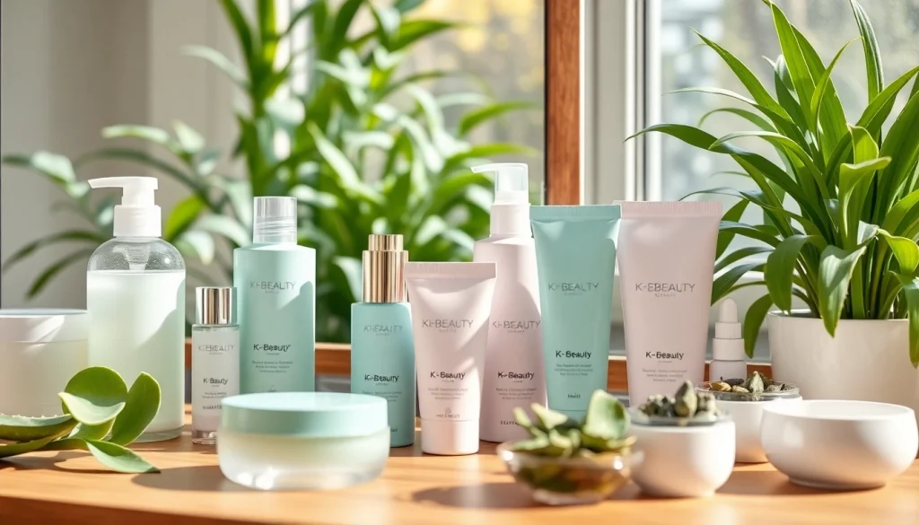 K-beauty-produkter i Sverige visas elegant på en modern sminkspegel.