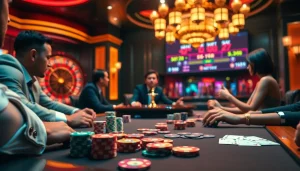 Experience high-stakes poker excitement at https://thabetc.net/, featuring vibrant chips and a spinning roulette wheel.