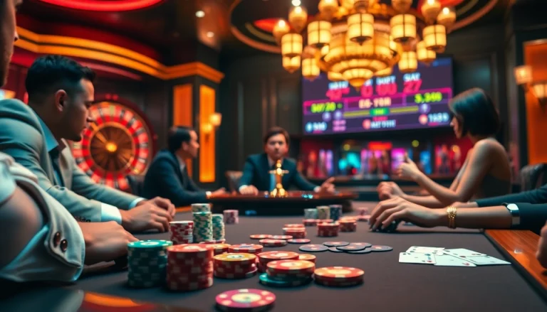 Experience high-stakes poker excitement at https://thabetc.net/, featuring vibrant chips and a spinning roulette wheel.