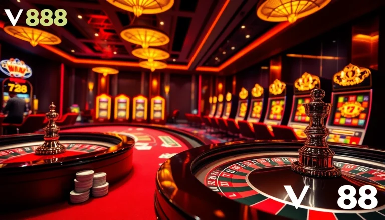 Experience the thrill of VN88 casino with vibrant tables, chips, and a lively atmosphere.