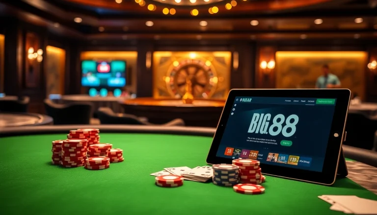 Experience the thrill of winning at BIG88.BAR with a vibrant poker table and luxurious casino ambiance.
