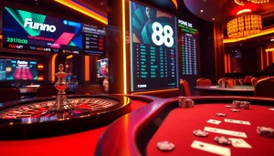 Engaging Fun88 online casino gameplay featuring vibrant roulette and poker action.