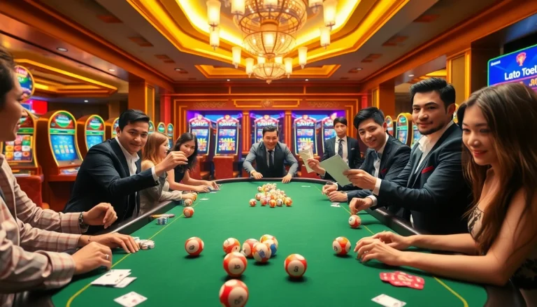 A thrilling scene featuring a toto togel table with excited players and colorful lottery elements.