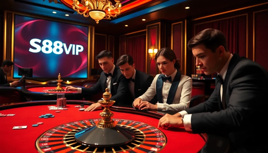 Players enjoying a high-stakes game at the S88VIP casino, surrounded by poker chips and vibrant ambiance.