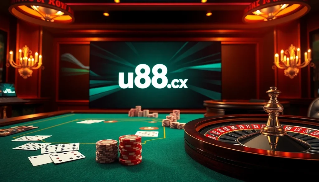 Experience high-stakes gaming at u888.cx with an elegant poker table and vibrant casino ambiance.