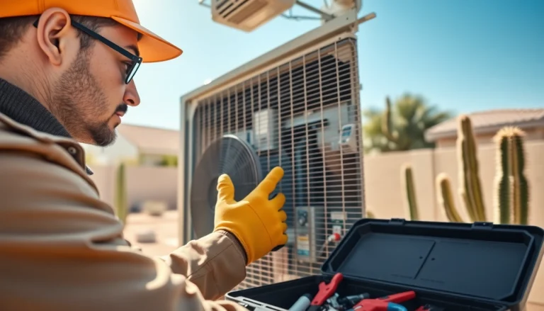 AC repair Phoenix AZ expert inspecting a unit, demonstrating professional HVAC service.