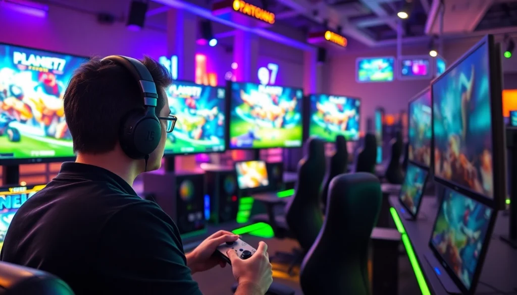 Menampilkan pengalaman bermain PLANET77 game dengan gamer fokus di latar belakang dinamis.