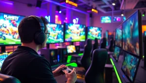 Menampilkan pengalaman bermain PLANET77 game dengan gamer fokus di latar belakang dinamis.