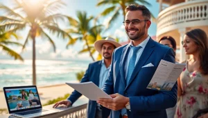 Belize Real Estate Agent engaging with clients on Ambergris Caye, showcasing properties in a tropical setting.
