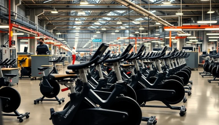 Professional exercise bike manufacturer showcasing an advanced production facility with skilled workers.